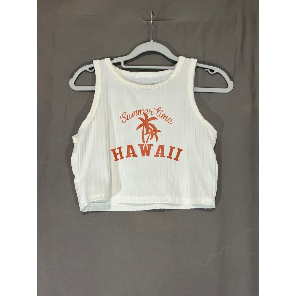SHEIN Womens Summertime Hawaii Ribbed Graphic Crop Top‎ White Orange Medium